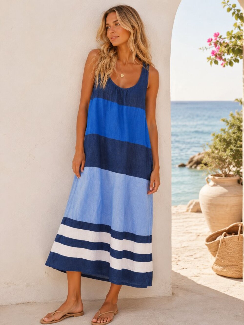New! Lemlem Betami Azure Lilian Cover-Up Tank Midi Dress Size Medium 8429